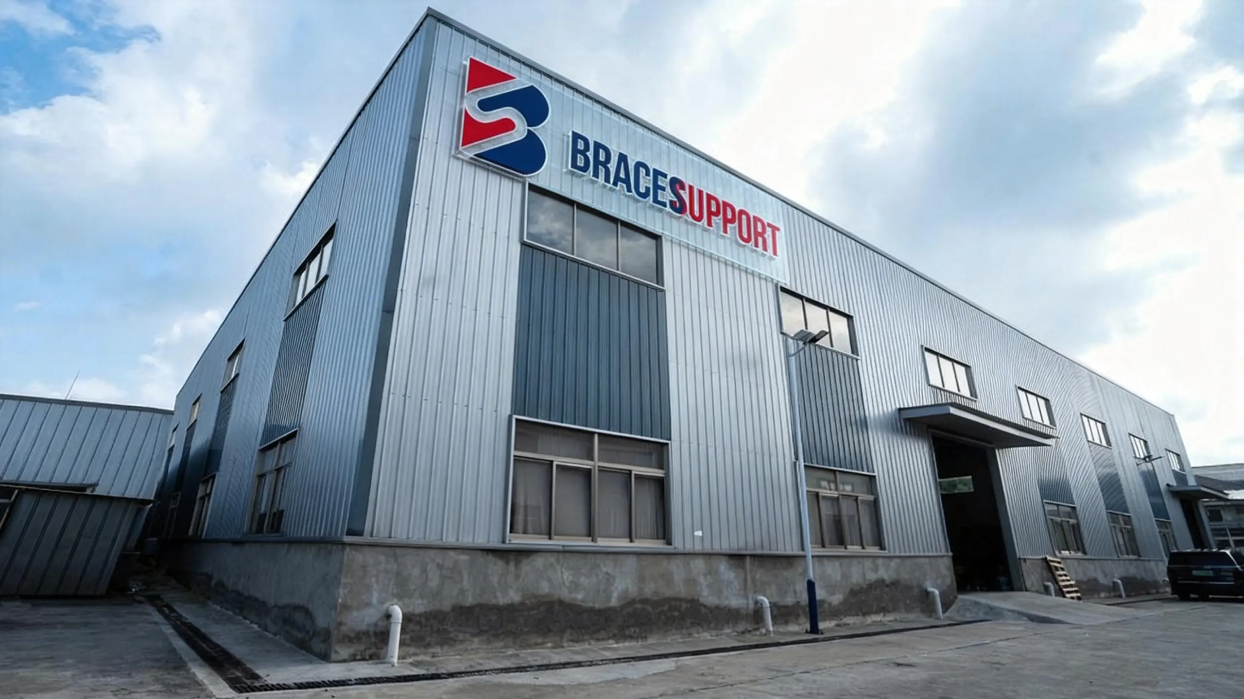 jimeng-2026-01-16-4235-将图2的BRACESUPPORT_logo添加到厂房左上角的墙面上，logo为透